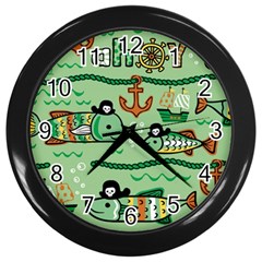 Seamless Pattern Fishes Pirates Cartoon Wall Clock (black)