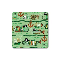 Seamless Pattern Fishes Pirates Cartoon Square Magnet