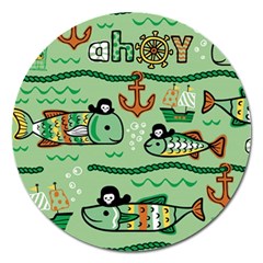 Seamless Pattern Fishes Pirates Cartoon Magnet 5  (round) by Jancukart