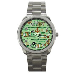 Seamless Pattern Fishes Pirates Cartoon Sport Metal Watch