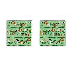 Seamless Pattern Fishes Pirates Cartoon Cufflinks (square)