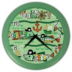 Seamless Pattern Fishes Pirates Cartoon Color Wall Clock