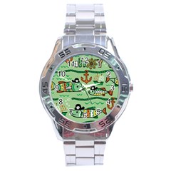 Seamless Pattern Fishes Pirates Cartoon Stainless Steel Analogue Watch by Jancukart