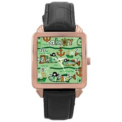 Seamless Pattern Fishes Pirates Cartoon Rose Gold Leather Watch 