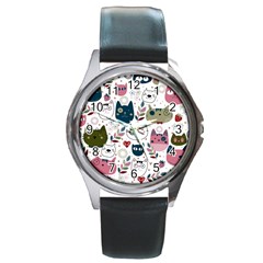 Pattern With Cute Cat Heads Round Metal Watch