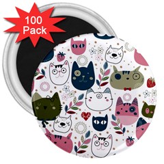 Pattern With Cute Cat Heads 3  Magnets (100 Pack)