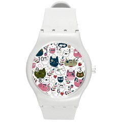 Pattern With Cute Cat Heads Round Plastic Sport Watch (m)