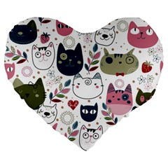 Pattern With Cute Cat Heads Large 19  Premium Heart Shape Cushions