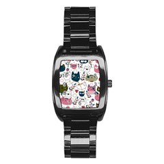 Pattern With Cute Cat Heads Stainless Steel Barrel Watch