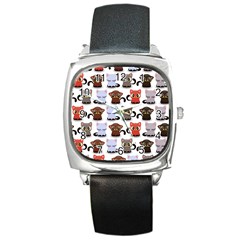 Seamless Pattern With Cute Little Kittens Various Color Square Metal Watch by Jancukart