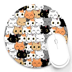 Cute-cat-kitten-cartoon-doodle-seamless-pattern Round Mousepads