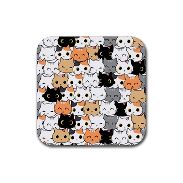 Cute-cat-kitten-cartoon-doodle-seamless-pattern Rubber Coaster (Square)