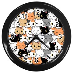 Cute-cat-kitten-cartoon-doodle-seamless-pattern Wall Clock (black)