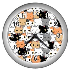 Cute-cat-kitten-cartoon-doodle-seamless-pattern Wall Clock (silver) by Jancukart