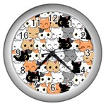 Cute-cat-kitten-cartoon-doodle-seamless-pattern Wall Clock (Silver) Front