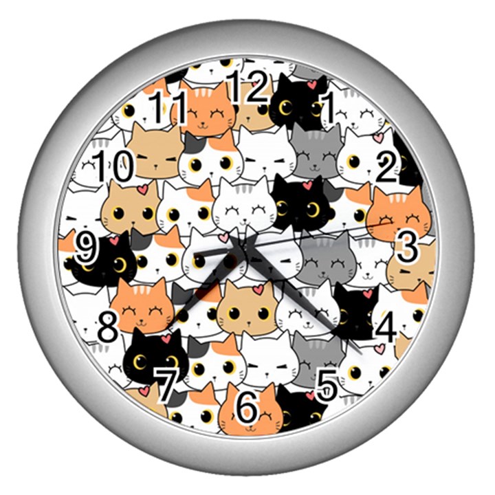 Cute-cat-kitten-cartoon-doodle-seamless-pattern Wall Clock (Silver)