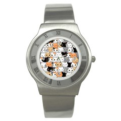 Cute-cat-kitten-cartoon-doodle-seamless-pattern Stainless Steel Watch