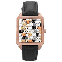 Cute-cat-kitten-cartoon-doodle-seamless-pattern Rose Gold Leather Watch 