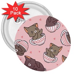 Seamless Pattern Adorable Cat Inside Cup 3  Buttons (10 Pack) 