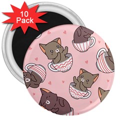 Seamless Pattern Adorable Cat Inside Cup 3  Magnets (10 Pack)  by Jancukart