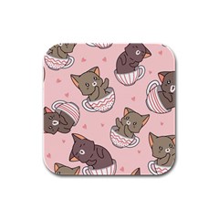 Seamless Pattern Adorable Cat Inside Cup Rubber Square Coaster (4 Pack) by Jancukart