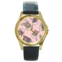 Seamless Pattern Adorable Cat Inside Cup Round Gold Metal Watch