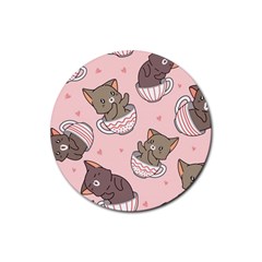 Seamless Pattern Adorable Cat Inside Cup Rubber Coaster (round)