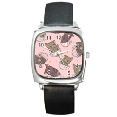 Seamless Pattern Adorable Cat Inside Cup Square Metal Watch