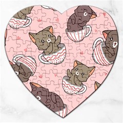 Seamless Pattern Adorable Cat Inside Cup Jigsaw Puzzle (heart) by Jancukart