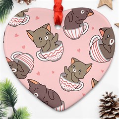 Seamless Pattern Adorable Cat Inside Cup Heart Ornament (two Sides)