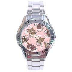 Seamless Pattern Adorable Cat Inside Cup Stainless Steel Analogue Watch by Jancukart