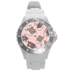 Seamless Pattern Adorable Cat Inside Cup Round Plastic Sport Watch (l) by Jancukart