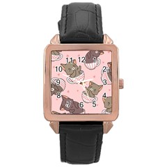 Seamless Pattern Adorable Cat Inside Cup Rose Gold Leather Watch  by Jancukart