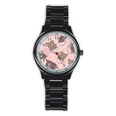 Seamless Pattern Adorable Cat Inside Cup Stainless Steel Round Watch