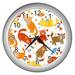 Seamless Pattern With Kittens White Background Wall Clock (silver)