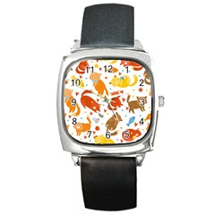 Seamless Pattern With Kittens White Background Square Metal Watch