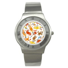 Seamless Pattern With Kittens White Background Stainless Steel Watch