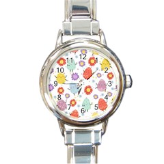 Easter Seamless Pattern With Cute Eggs Flowers Round Italian Charm Watch