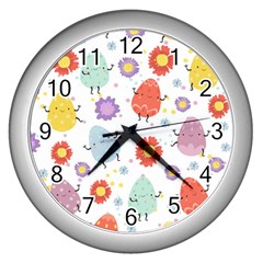 Easter Seamless Pattern With Cute Eggs Flowers Wall Clock (silver)