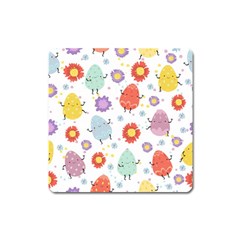 Easter Seamless Pattern With Cute Eggs Flowers Square Magnet