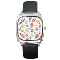 Easter Seamless Pattern With Cute Eggs Flowers Square Metal Watch