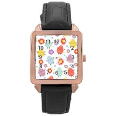 Easter Seamless Pattern With Cute Eggs Flowers Rose Gold Leather Watch 