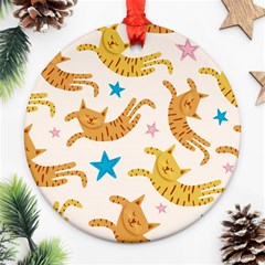 Cute Cats Seamless Pattern With Stars Funny Drawing Kittens Round Ornament (two Sides)