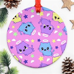 Seamless Pattern With Cute Kawaii Kittens Ornament (round)