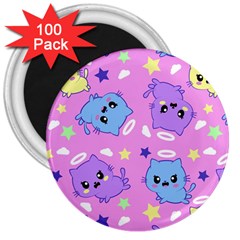 Seamless Pattern With Cute Kawaii Kittens 3  Magnets (100 Pack)