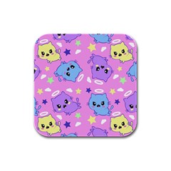 Seamless Pattern With Cute Kawaii Kittens Rubber Square Coaster (4 Pack)