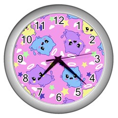 Seamless Pattern With Cute Kawaii Kittens Wall Clock (silver)