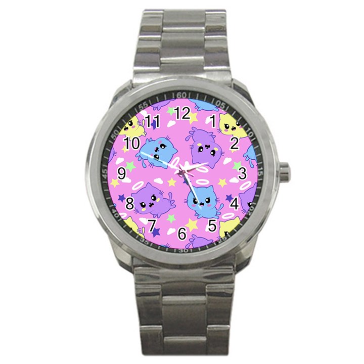 Seamless Pattern With Cute Kawaii Kittens Sport Metal Watch