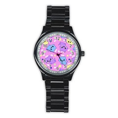 Seamless Pattern With Cute Kawaii Kittens Stainless Steel Round Watch