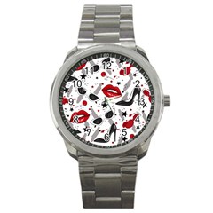 Red Lips Black Heels Pattern Sport Metal Watch